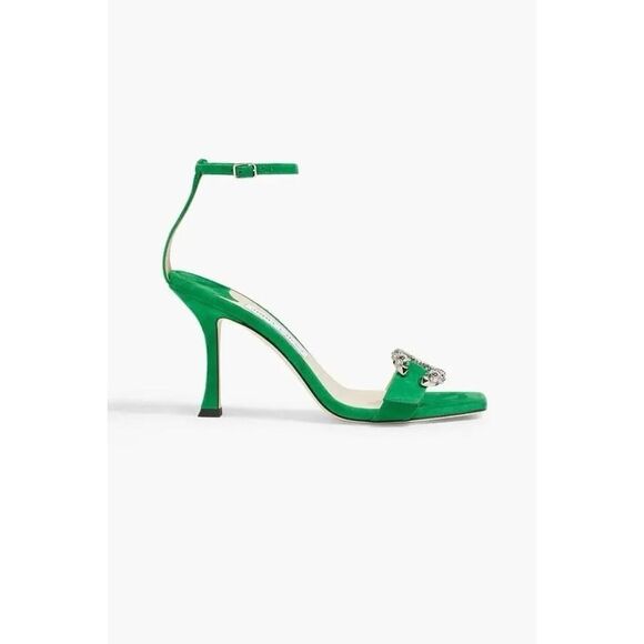 Jimmy Choo Marsai 90 Crystal Buckle Green Suede Sandals EU37.5 - Picture 4 of 11